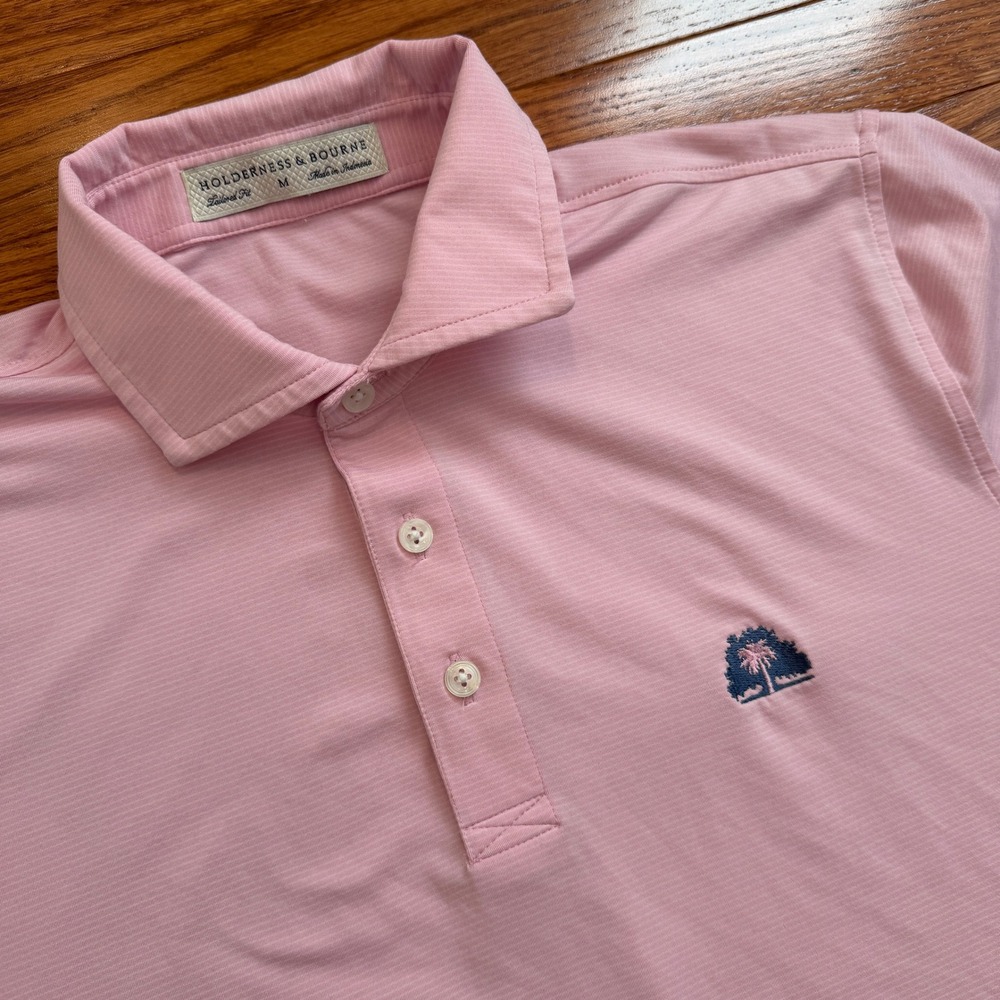 Holderness & Bourne Golf Polo Shirt Mens Medium Pink White Striped Performance